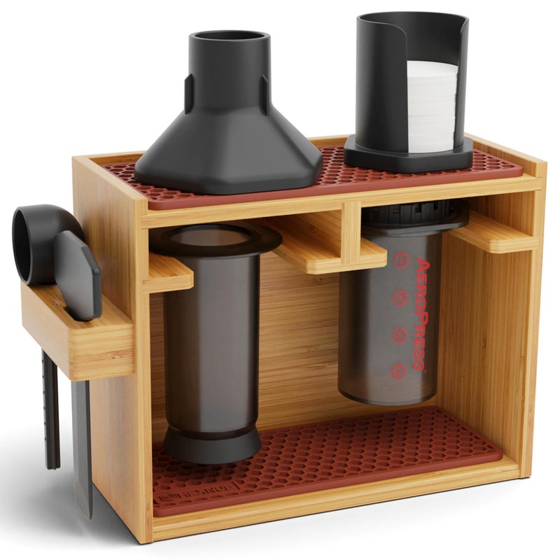 HEXNUB â€“ Bamboo Organizer for AeroPress, Coffee Caddy Station Holds AeroPress Coffee Maker, Accessories, Filters, Cups, Stand includes Dripper Mats (Brown) - Image 1